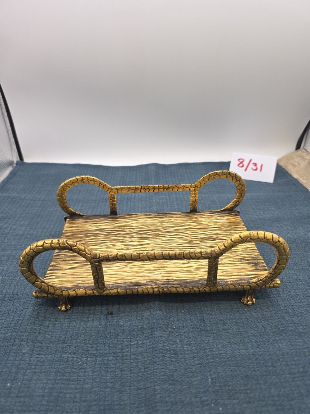 Vintage Hollywood Regency Gold Gilt Rope Tray Hand Towel Napkin Holder Footed